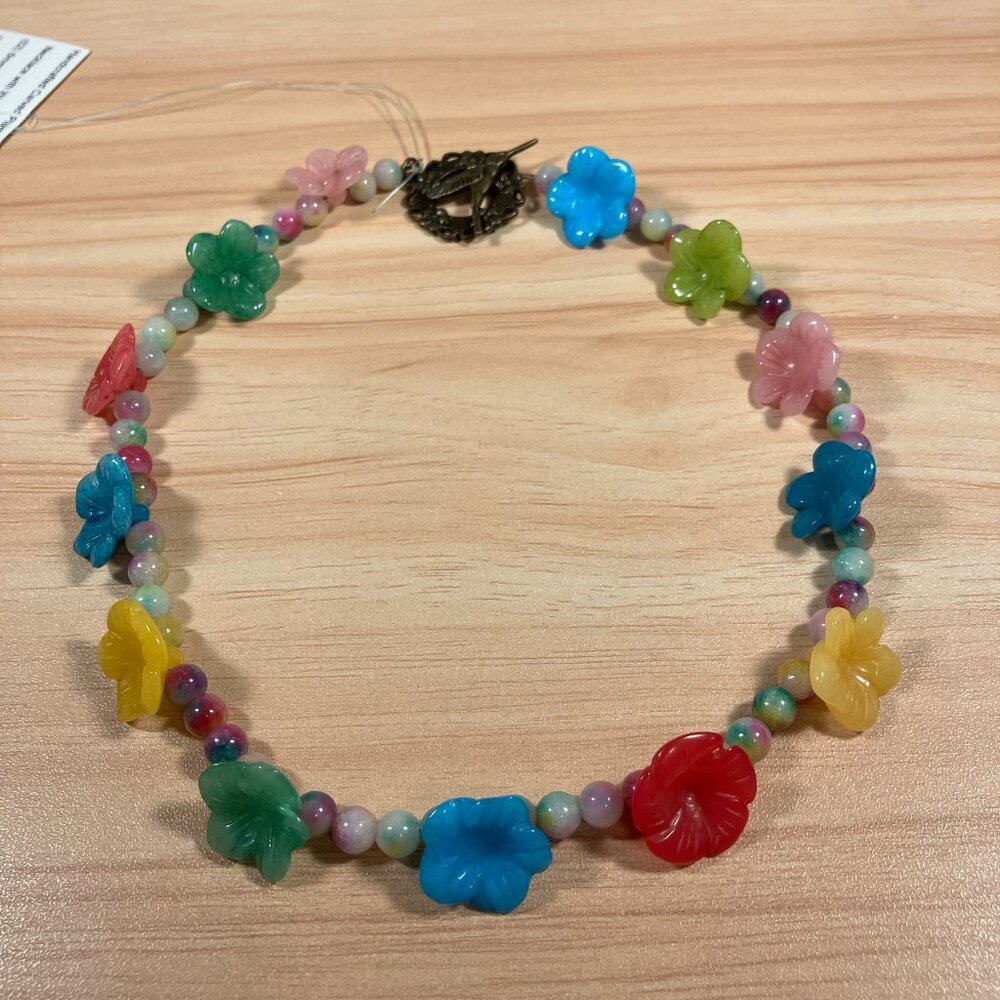 Handcrafted Carved Plumeria Flower Jade Necklace with Watermelon Jade Beads 16"L